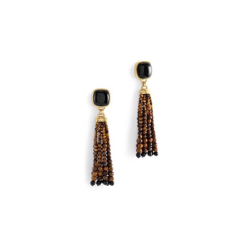 Forza Tassel Earrings, Tigers Eye and Black Onyx